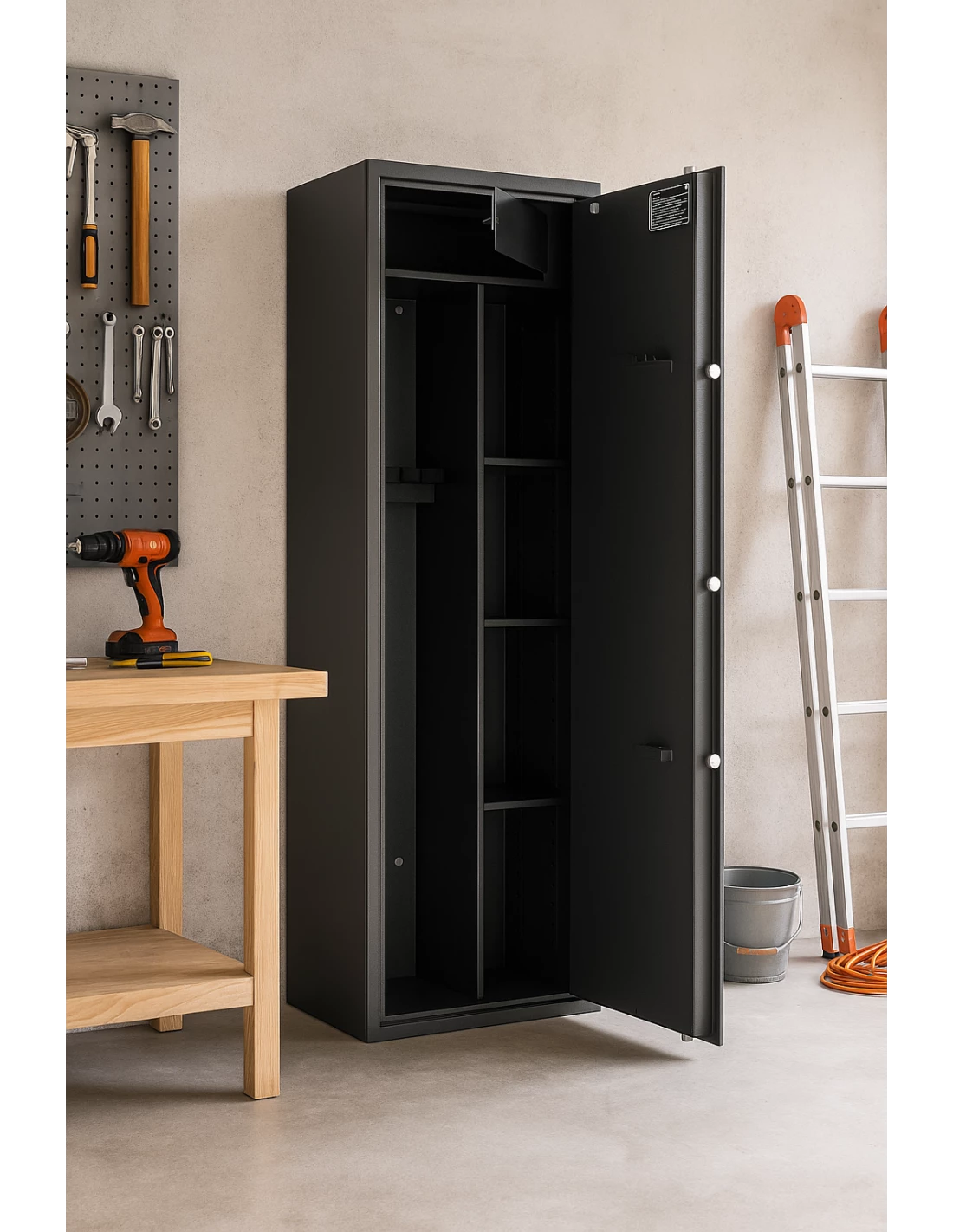 Armoire 5 Fusils Format Classe A Wf 145 Kombi Serrure Électronique installé danss un garage armoire-forte-fusils-Armoire 5 Fusils Format Classe A Wf 145 Kombi Serrure Électronique-2
